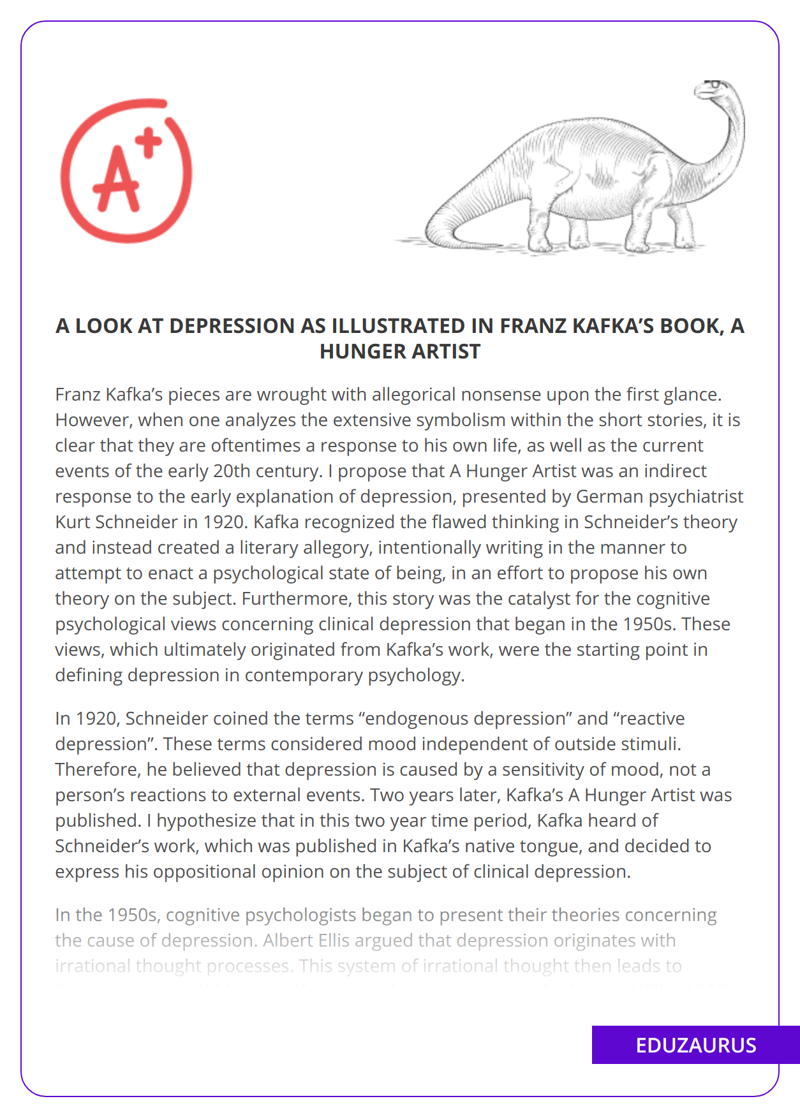 A Look at Depression as Illustrated in Franz Kafka’s Book, a Hunger Artist