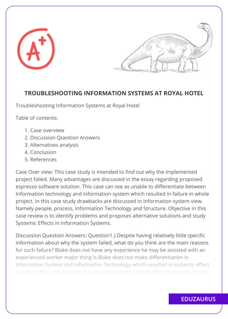 Troubleshooting Information Systems at Royal Hotel
