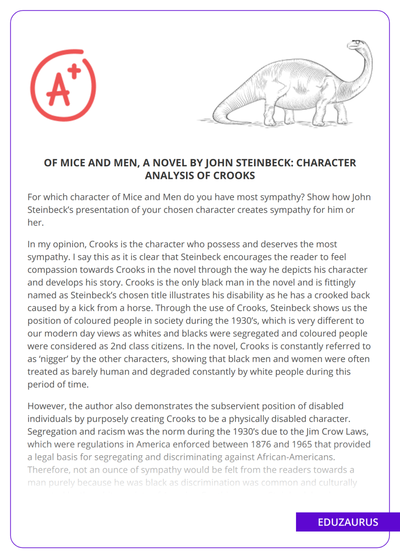 Of Mice and Men, a Novel by John Steinbeck: Character Analysis of Crooks
