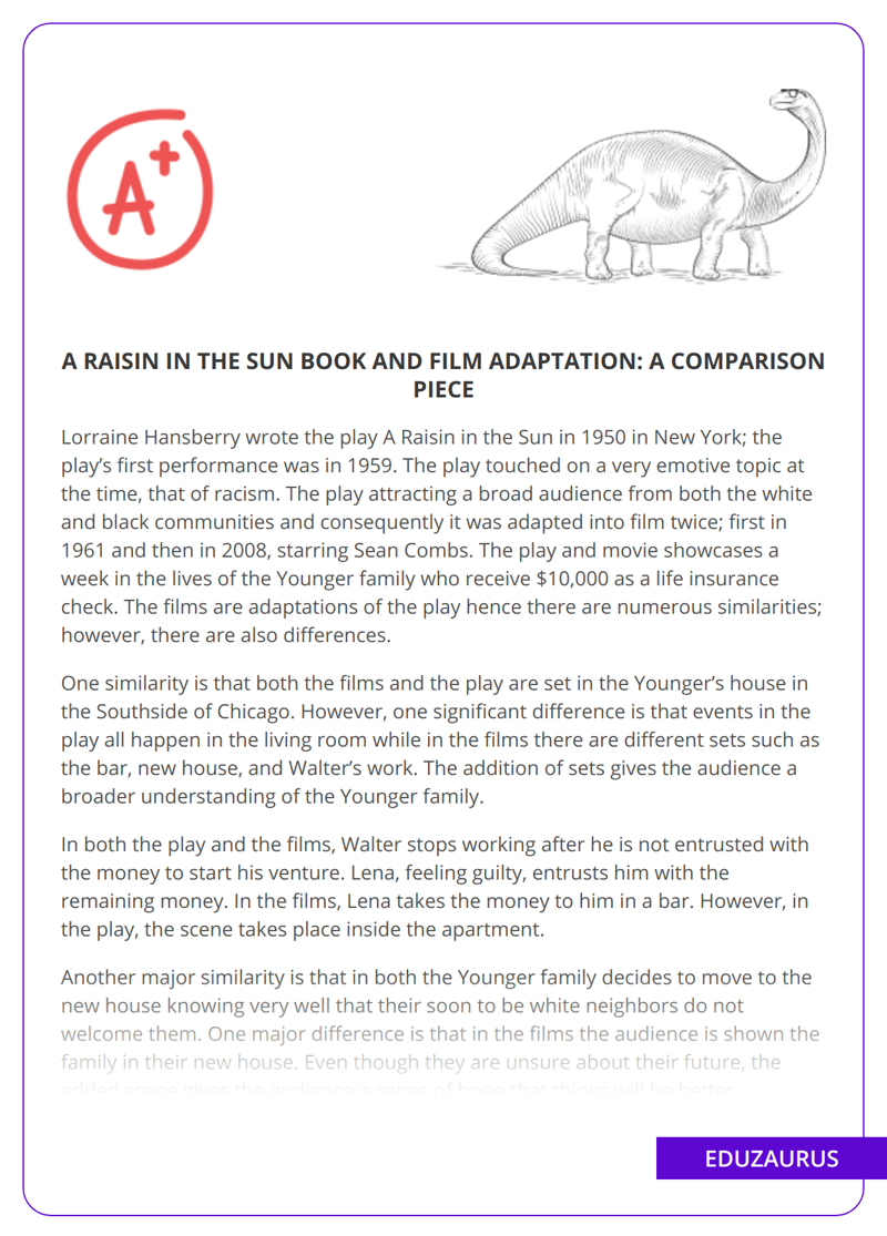 A Raisin in the Sun Book and Film Adaptation: a Comparison Piece