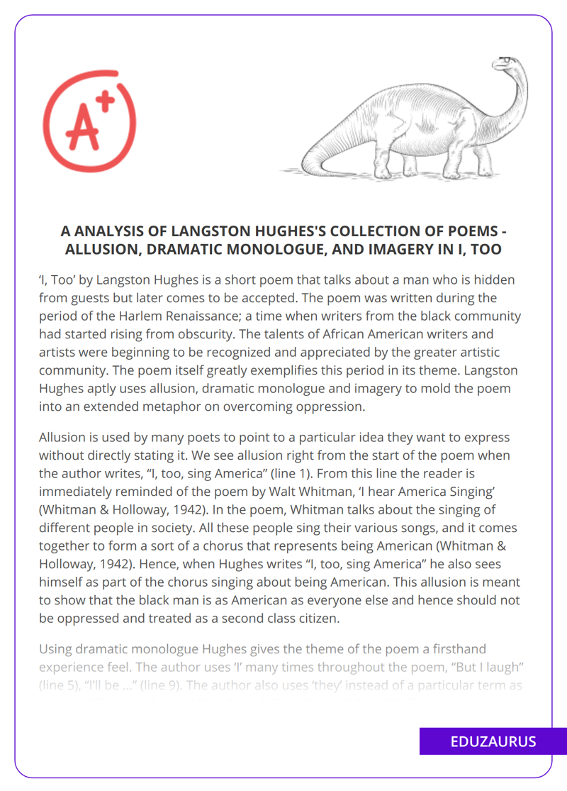 A Analysis of Langston Hughes’s Collection of Poems – Allusion, Dramatic Monologue, and Imagery in I, Too