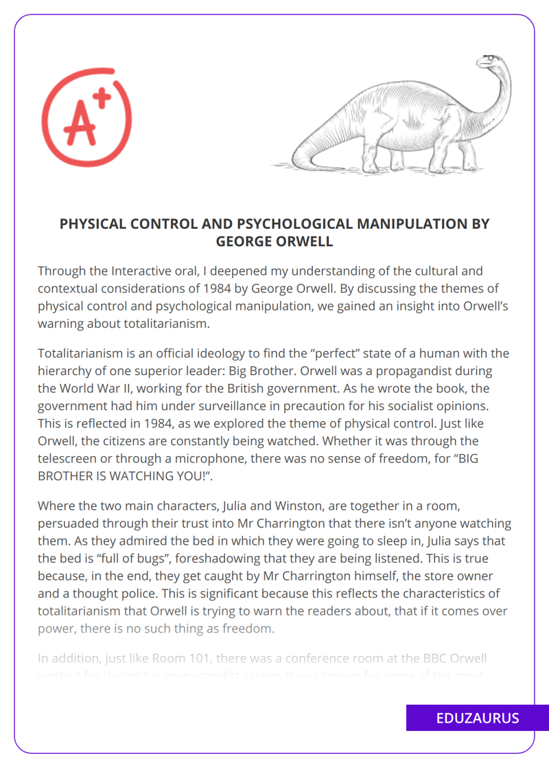 Physical Control And Psychological Manipulation By George Orwell