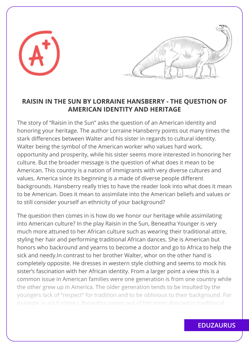 Raisin in the Sun by Lorraine Hansberry – The Question of American Identity and Heritage