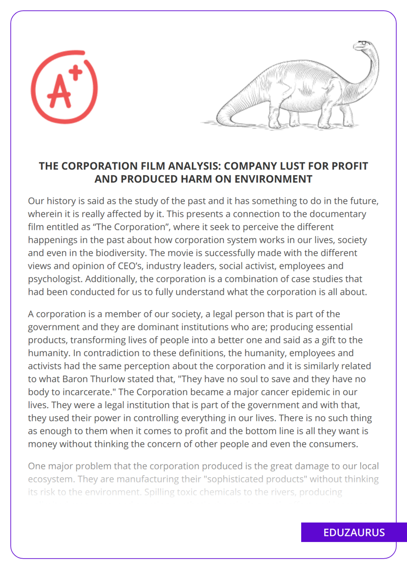 The Corporation Film Analysis: Company  Lust For Profit And Produced Harm On Environment