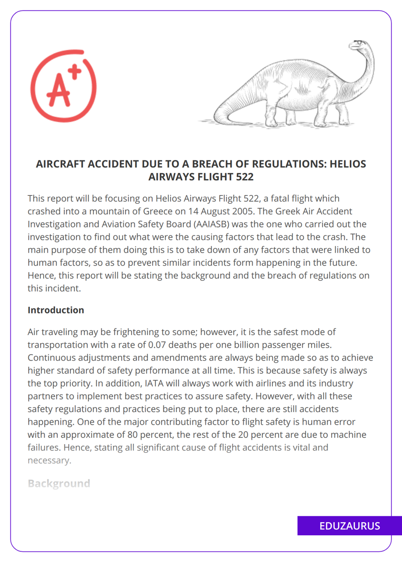 Aircraft Accident Due to a Breach Of Regulations: Helios Airways Flight 522