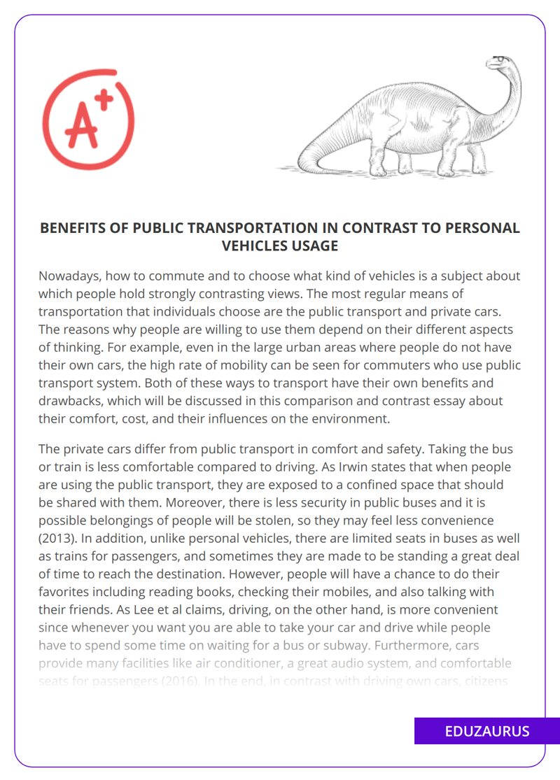 Benefits of Public Transportation in Contrast to Personal Vehicles Usage