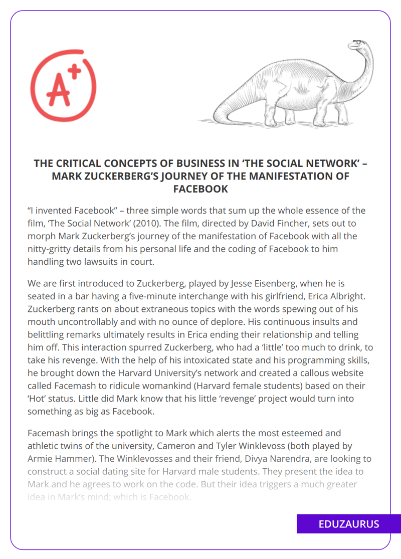 The Critical Concepts Of Business in ‘The Social Network’ – Mark Zuckerberg’s Journey Of The Manifestation Of Facebook