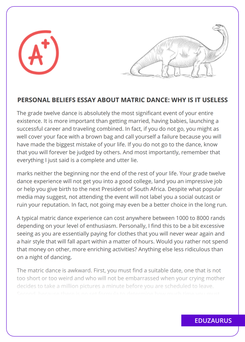 Personal Beliefs Essay About Matric dance: Why Is It Useless