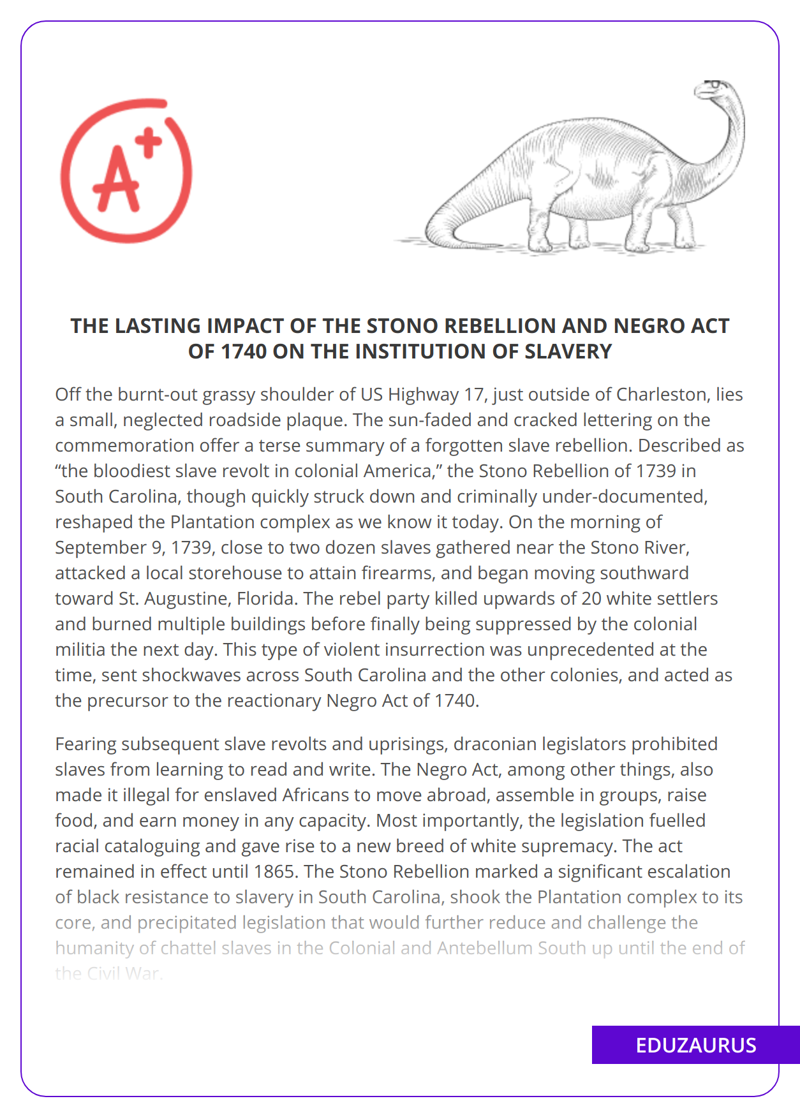 The Lasting Impact of the Stono Rebellion and Negro Act of 1740 on the Institution of Slavery