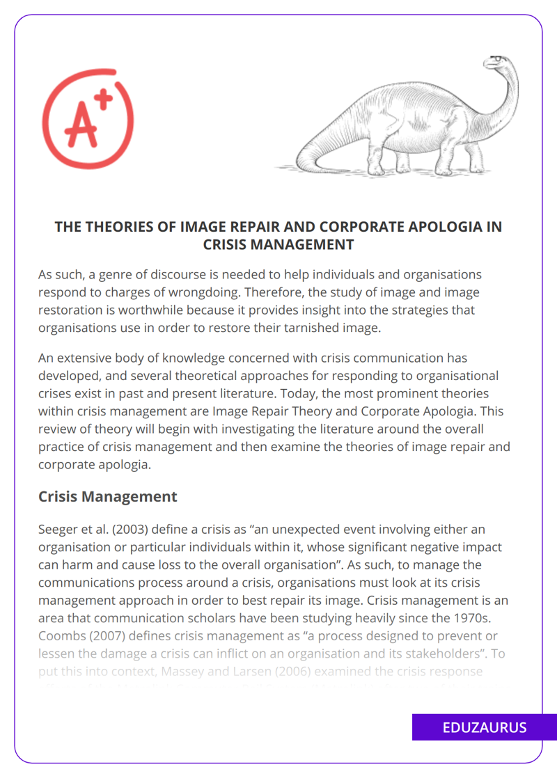 The Theories Of Image Repair And Corporate Apologia in Crisis Management