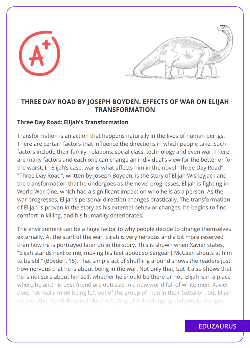 Three Day Road by Joseph Boyden. Effects of War on Elijah Transformation