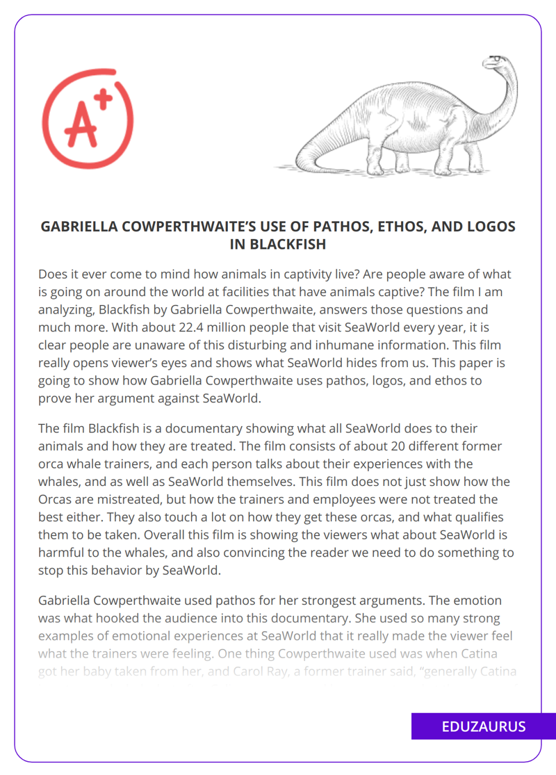 Gabriella Cowperthwaite’s Use of Pathos, Ethos, and Logos in Blackfish