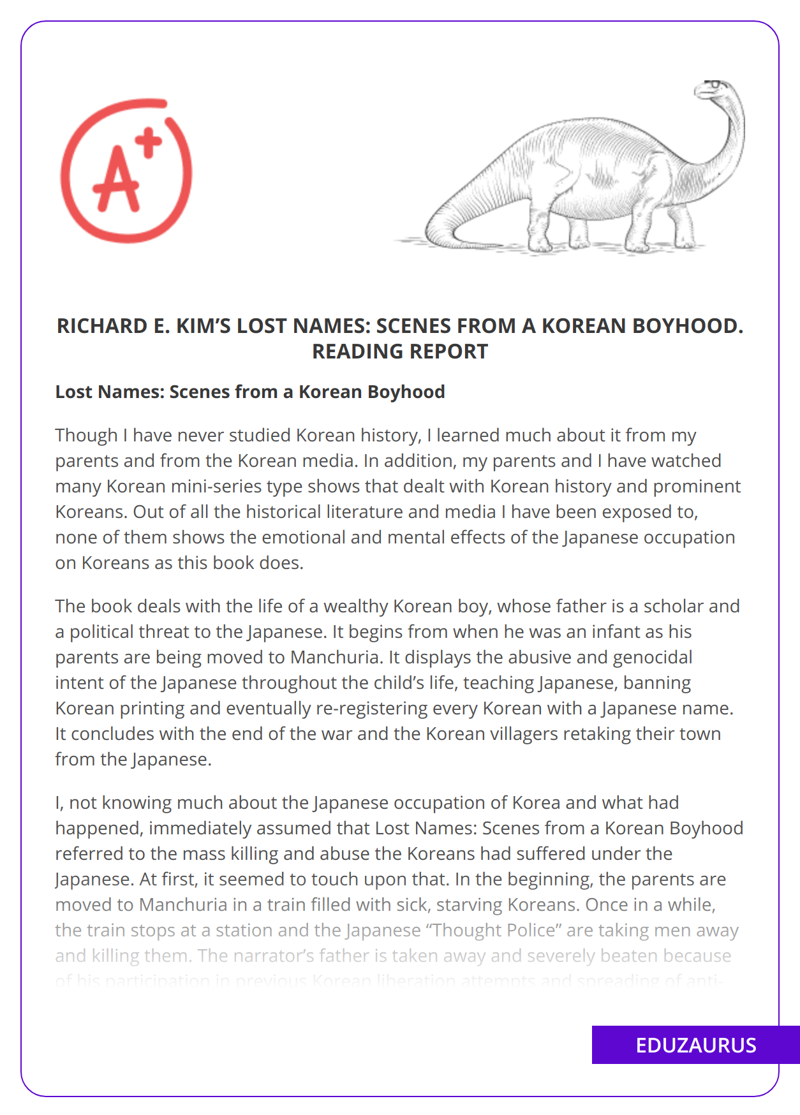 Richard E. Kim’s Lost Names: Scenes From a Korean Boyhood. Reading Report