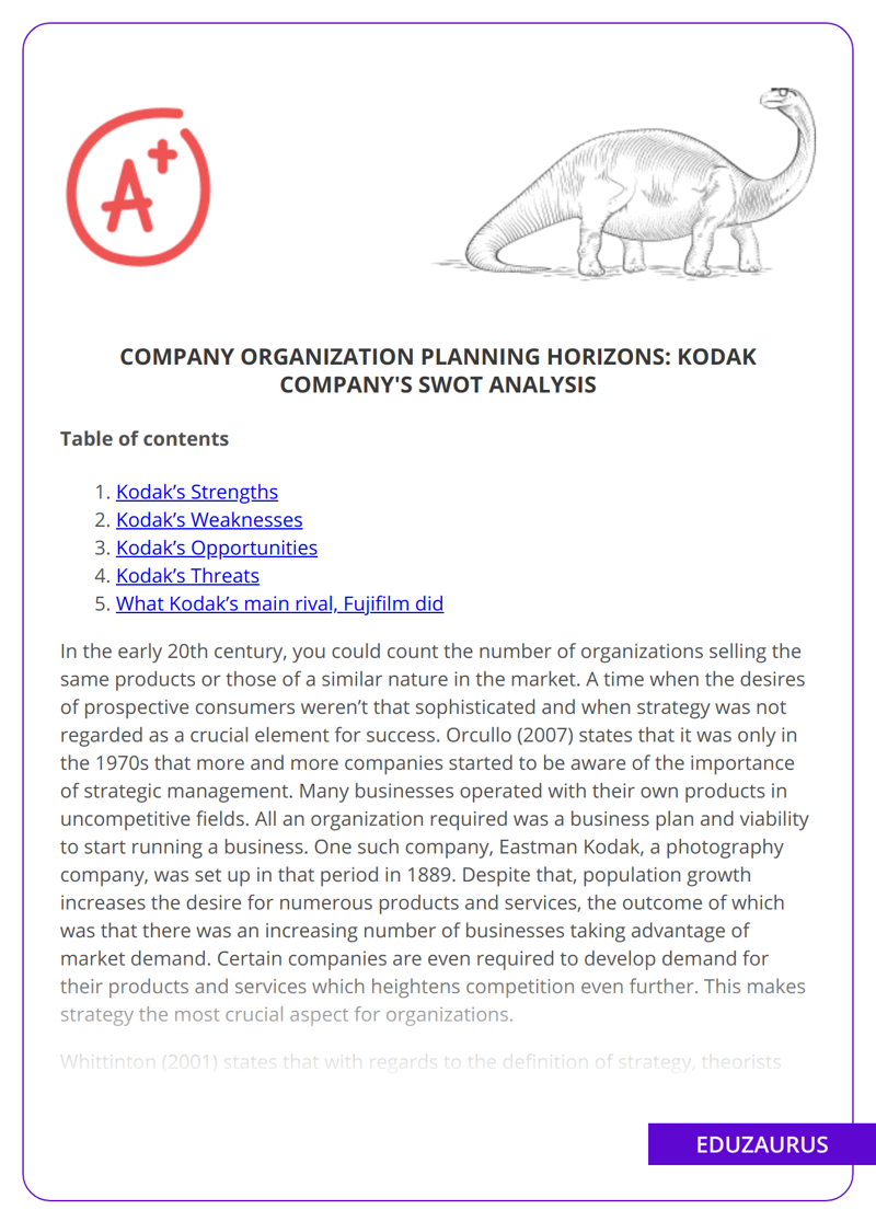Company Organization Planning: Kodak Swot Analysis
