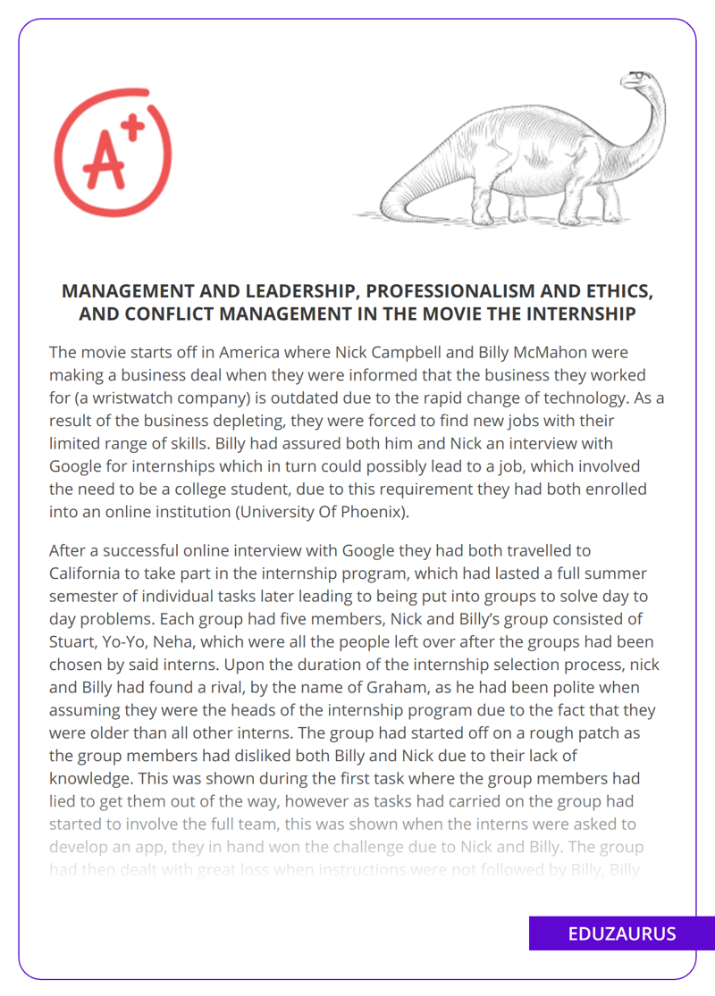 Management And Leadership, Professionalism And Ethics, And Conflict Management in The Movie The Internship