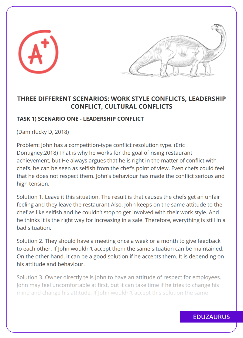 Three Different Scenarios: Work Style Conflicts, Leadership Conflict, Cultural Conflicts