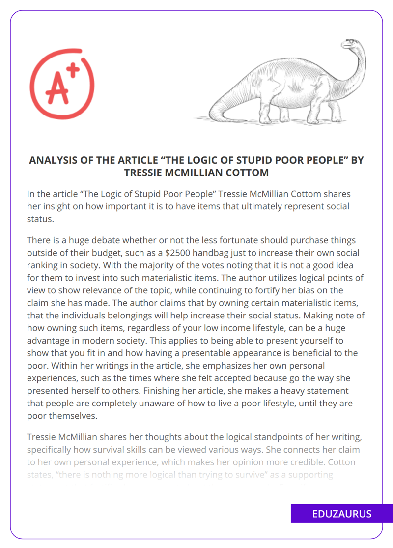 Analysis Of The Article “The Logic Of Stupid Poor People” By Tressie McMillian Cottom