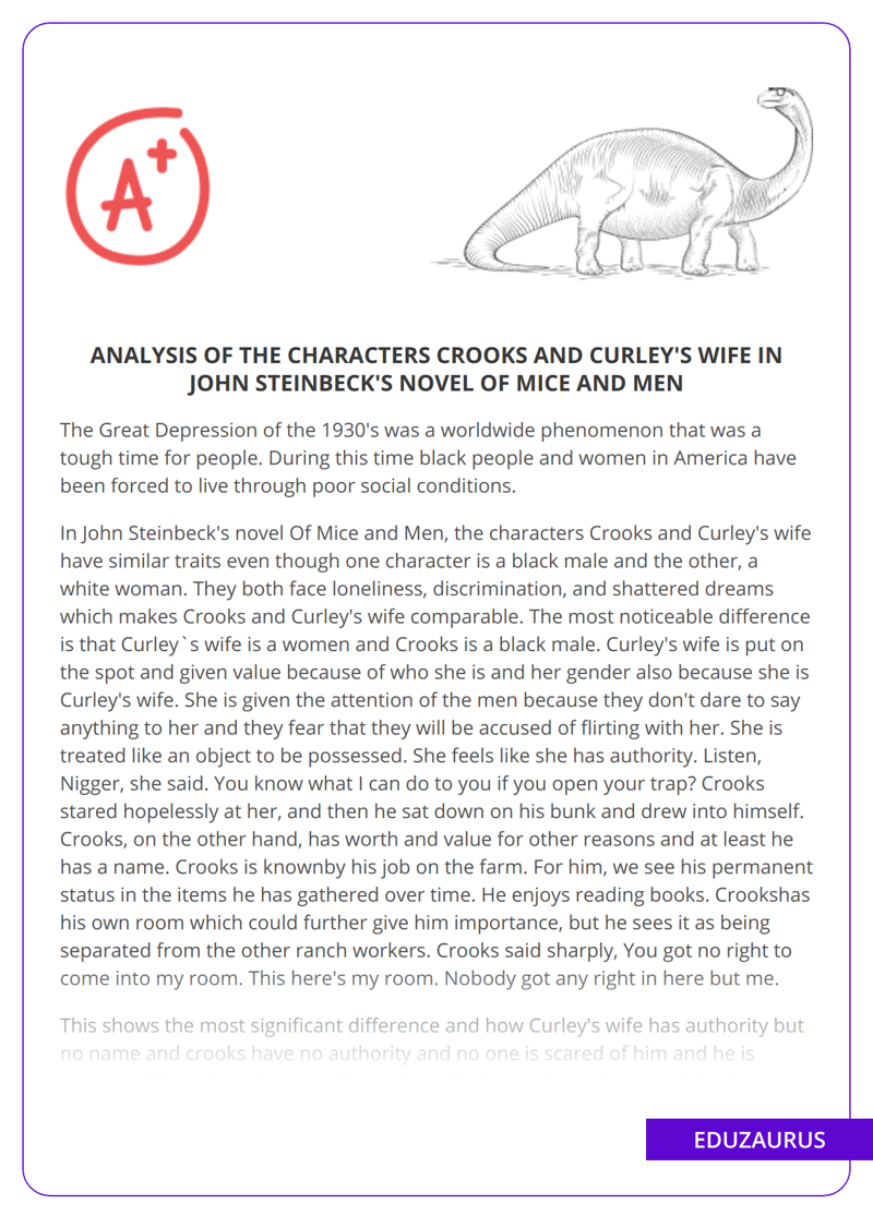 Analysis Of The Characters Crooks And Curley’s Wife in John Steinbeck’s Novel Of Mice And Men