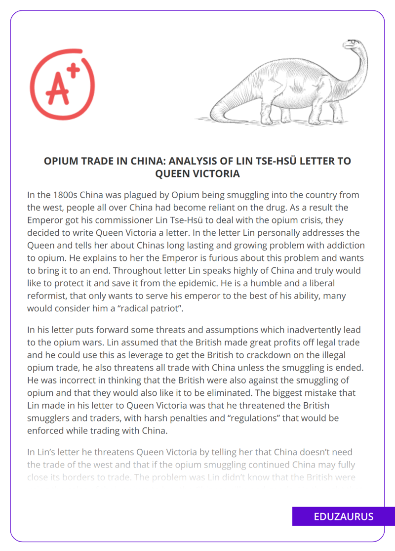 Opium Trade in China: Analysis Of Lin Tse-Hsü Letter to Queen Victoria