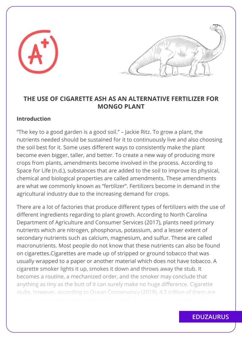 The Use Of Cigarette Ash As an Alternative Fertilizer For Mongo Plant