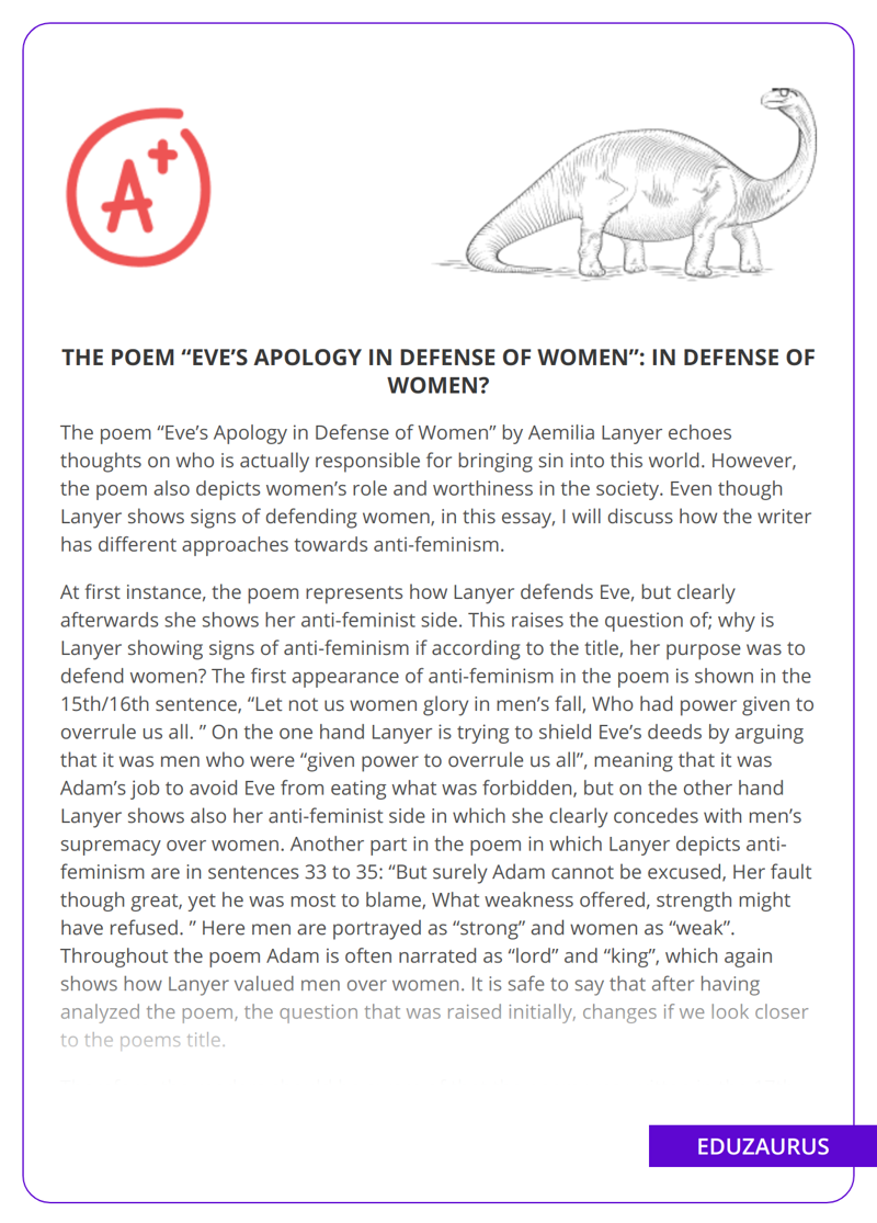 The Poem “Eve’s Apology in Defense Of Women”: in Defense Of Women?