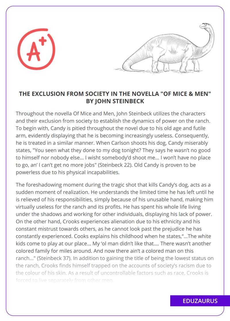 The Exclusion From Society in The novella “Of Mice & Men” By John Steinbeck