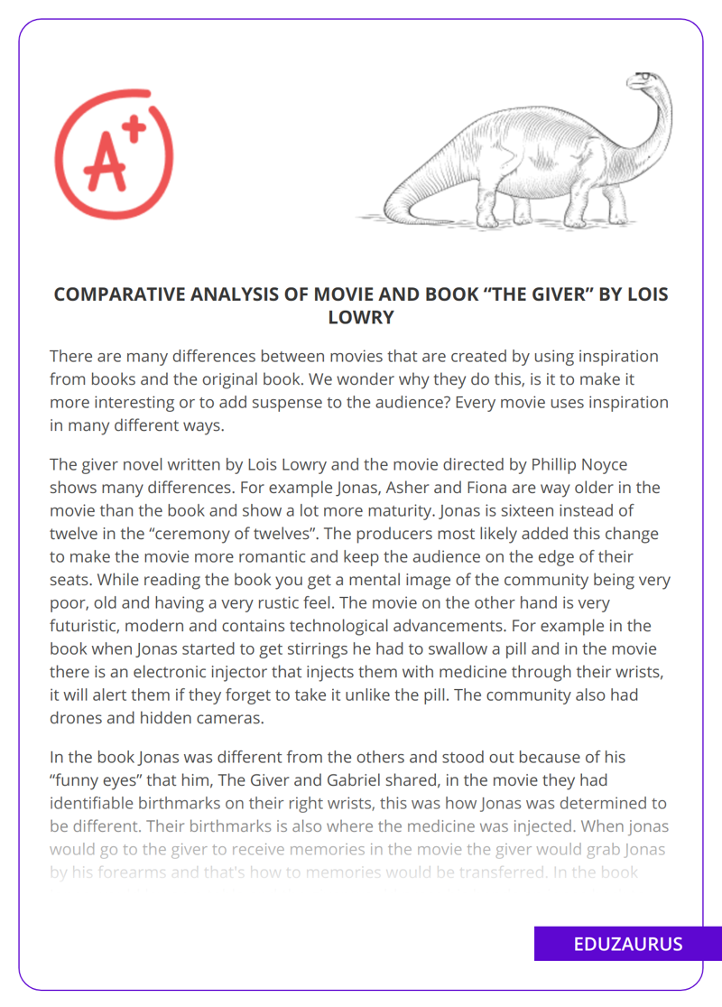 Comparative Analysis Of Movie And Book “The Giver” By Lois Lowry