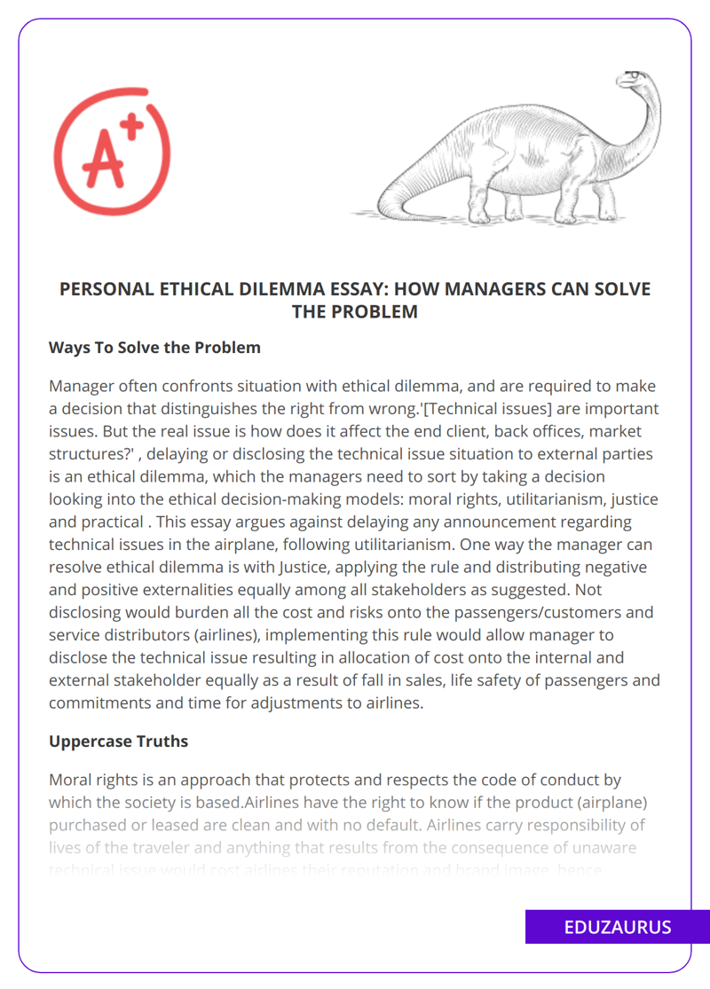 Personal Ethical Dilemma Essay: How Managers Can Solve The Problem