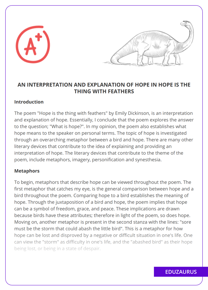 An Interpretation and Explanation of Hope in Hope is the Thing with  Feathers - Free Essay Example | EduZaurus