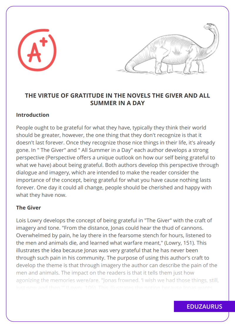 The Virtue of Gratitude in the Novels The Giver and All Summer in a Day